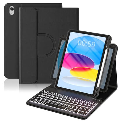 YBING for iPad A16 Case with Keyboard 11th &10th Generation, 360 Rotation Magnetic Cover with 7-Color Backlit Wireless Detachable Keypad with Pencil Holder for iPad 11th 2025/10 Gen 10.9" 2022 (Black) - color: Black