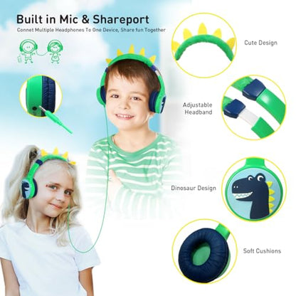 Kids Bluetooth Headphones, with 85dB Volume Limited Adjustable Headphone, Wireless Bluetooth Headphones, Aux 3.5mm Cable Included for Boys Girls Study, School, Kids Headset for ipad/Tablet - style: Dinosaur