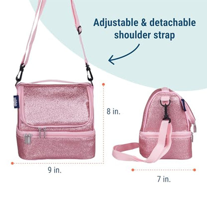 Wildkin Two Compartment Lunch Bag, Pink Glitter | Two compartments keep lunch and snacks separate, PEVA-lined main section, ages 5+ — clean solid colors - color: Pink Glitter