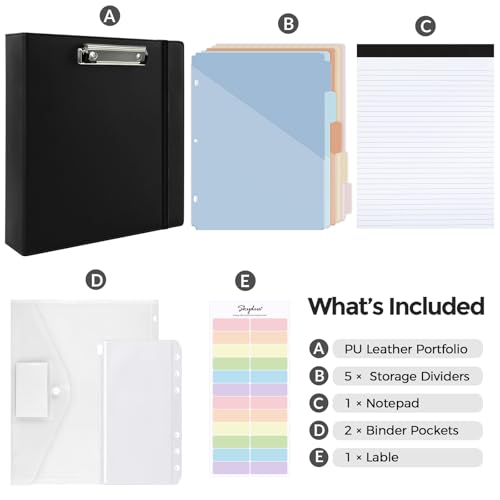 SKYDUE 3 Ring Binder with Clipboard, 2 Inch PU Heavy Duty Binder with Notepad & 5 Dividers with 5 Pockets, Labels, Clipboard Folder Great for School Office(Fit Letter Sized Paper) - color: Black, size: Letter Size - 2 Inch