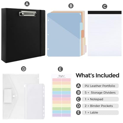 SKYDUE 3 Ring Binder with Clipboard, 2 Inch PU Heavy Duty Binder with Notepad & 5 Dividers with 5 Pockets, Labels, Clipboard Folder Great for School Office(Fit Letter Sized Paper) - color: Black, size: Letter Size - 2 Inch