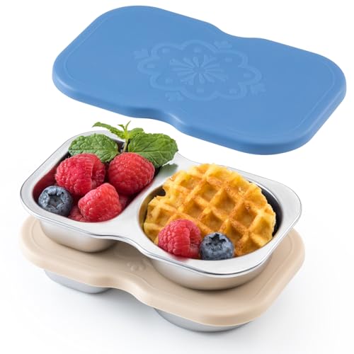 VITEVER 2 Pack Stainless Steel 2-Compartment Small Snack Containers with Lids, Reusable Snack Pack Containers, Lunch Box Accessories,Double Compartment Salad Dressing Containers to Go, 5.3oz - color: 2 Pack