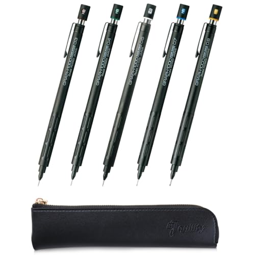 Graph 1000 for Pro Mechanical Drafting Pencil Set (0.3mm / 0.4mm / 0.5mm / 0.7mm / 0.9mm), qullity original Black slim pen case - size: Set (0.3 mm / 0.4 mm / 0.5 mm / 0.7 mm / 0.9 mm)