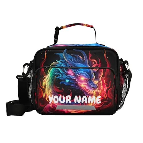 Cutom Name Kids Lunch Box Insulated Lunch Bags Cooler Tote Bag with Removable Shoulder Strap for Boy Girl Student 20847438-C - color: Cutom NameRainbow Flame Dragon