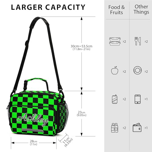 Custom Student Lunch Bag for Boys Girls Green Black Checkerboard Personalized Lunch Box With Name Insulated Cooler Bag for School Picnic Travel - color: Multi18
