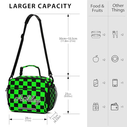 Custom Student Lunch Bag for Boys Girls Green Black Checkerboard Personalized Lunch Box With Name Insulated Cooler Bag for School Picnic Travel - color: Multi18