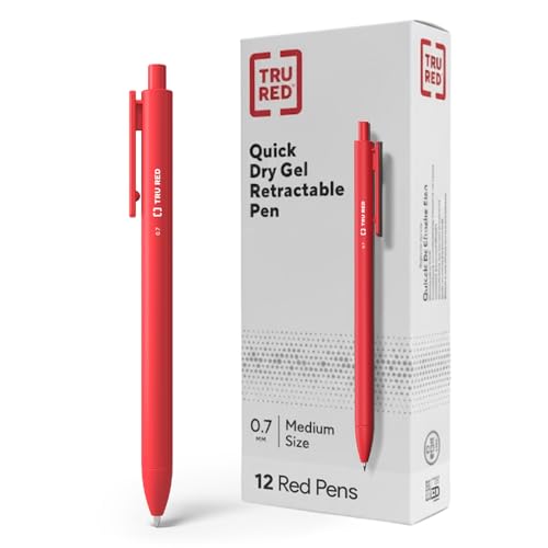 TRU RED Retractable Gel Pens, Medium Point 0.7mm, Red Ink, 12 Pack – Quick‑Dry Pens for Grading, Editing & Mark‑Up - color: Red, size: 12 Pack, style: Medium Point