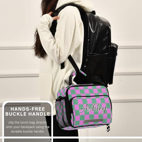 Custom Student Lunch Bag for Boys Girls Green Pink Checkered Personalized Lunch Box With Name Insulated Cooler Bag for School Picnic Travel - color: Multi15