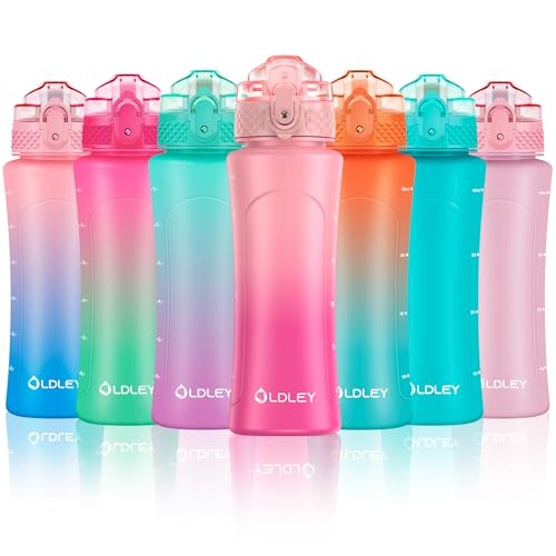 OLDLEY Kids Water Bottle with Straw 15 oz BPA-Free Leak-Proof Motivational Water Bottles with Time Marker for School Sports Travel Gym, Easy to Use for Girls Goys, 1 Straw Lid, Pink Purple - color: B-Pink Purple, style: Straw Lid