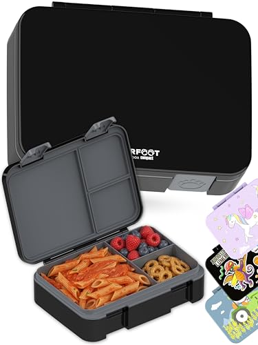 BEARFOOT Kids Lunch Box with Compartments – Compact & Lightweight | Leak-Proof, BPA-Free, Dishwasher Safe | Hand-Drawn Design for Preschool, School, Travel (Black, 4 Cups) - color: Black, size: 4 Cups