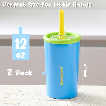 Gencywe® 2 PACK Kids Double Walled Stainless Steel Cups with Straws and lids | 12 oz Spill-Proof Sippy Smoothie Tumbler Set, Small Kids Snack & Drink Water Cups, BPA-Free (Age: 3+ years old & up) - color: Blue