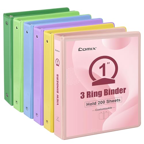 COMIX Standard 3 Ring Binder 1 inch with Clear View Cover, 1" Round Ring View Binder Holds 200 Sheets of US Letter Size Paper, 6 Pack (Multicolored) - color: Multicolored, size: 1 inch