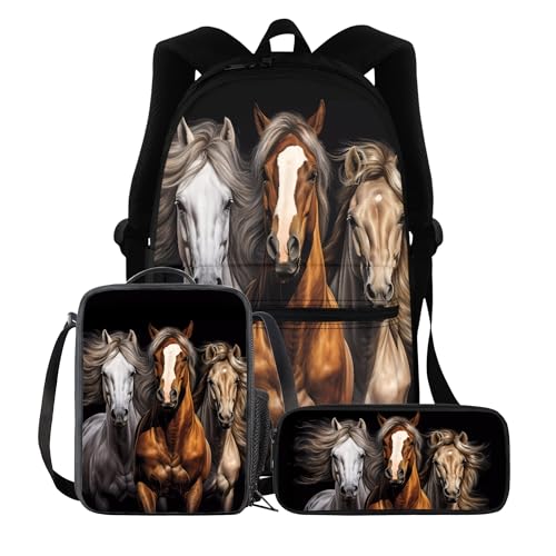 BIGCARJOB Black Horse Schoolbags Set for Boys Girls School Backpack with Lunch Bags Pencil Holder Animal Horse School Bookbags Elementary Primary Middle Large Travel Rucksack Laptop Bagpack - color: Black Animal Horse, size: One Size