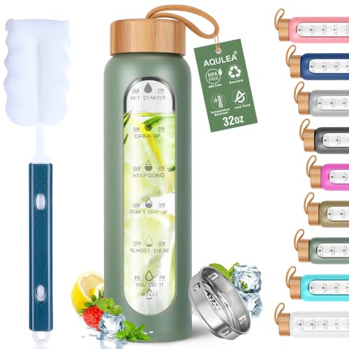 Aqulea Glass Water Bottles 32 Oz with Silicone Sleeve - BPA Free Reusable Wide Mouth Glass Motivational Water Bottles with Fruit Infuser – Leak Proof Borosilicate Water Bottle with Time Marker (Green) - color: OD Green, size: 32 Ounces