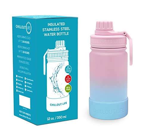 CHILLOUT LIFE 12oz Kids Insulated Stainless Steel Water Bottle with Leak Proof Spout Lid & 144 Stickers - color: Cotton Candy, style: 12 oz