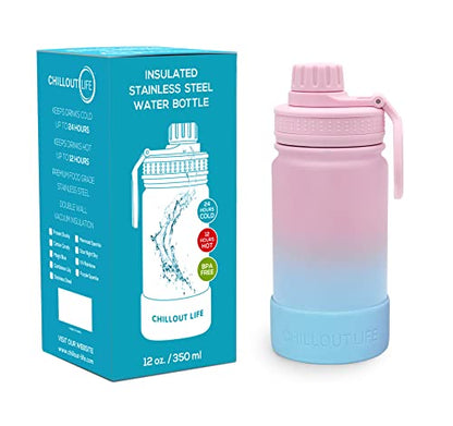 CHILLOUT LIFE 12oz Kids Insulated Stainless Steel Water Bottle with Leak Proof Spout Lid & 144 Stickers - color: Cotton Candy, style: 12 oz