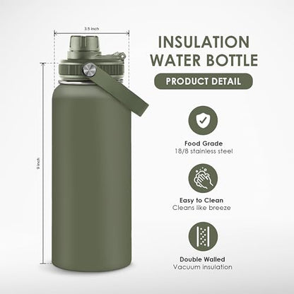 Insulated Stainless Steel Water Bottle 32oz, Vacuum Chug Lid Travel Tumbler for Men Friends Dad Brothers, Birthday Christmas Fathers Day (Olive) - color: Solid Color 2