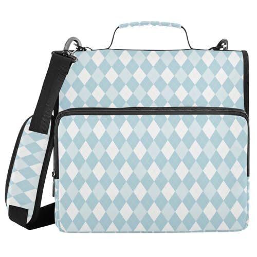 Blue White Diamond Checkered Plaid Striped Binder Bag 3 Ring Zipper Binders with Shoulder Strap for School Office Organizer Storage - color: Q007