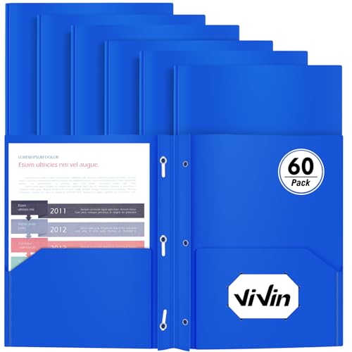 Heavy Duty Plastic Folder, 60 Pack, Pocket Folder with brads, Letter Size Poly File, Plastic Folders with 3 Prongs Fasteners - Blue - color: Blue, size: 60 PACK