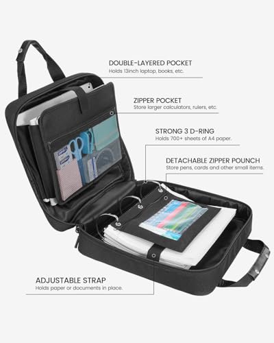 Realove 3 Inch 3 Ring Zipper Binder with Double Shoulder Strap & Handle - 3” D-Ring Binder with Zipper with Multi-Pocket (for 13” Laptop & Tablet and Smaller) for School-Black(Pen not Included) - color: Black