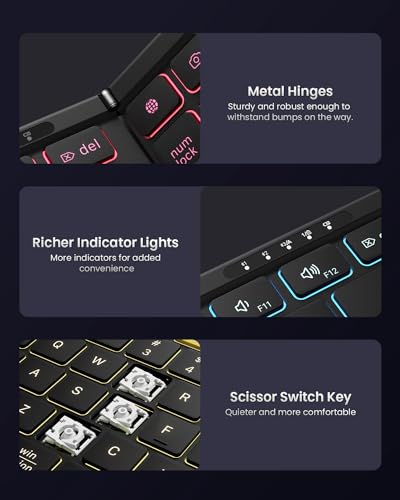 Samsers Foldable Bluetooth Keyboard with Numeric Keypad, Full-Size Backlit Folding Keyboards with Backlight, Portable Travel for iOS Android Windows Mac OS, Support 3 Device(BT5.1 x 3), Black