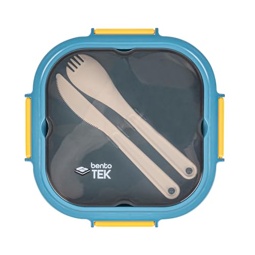 Restaurantware-Bento Tek 57.5 Ounce Bento Box, 1 Reusable Lunch Container - With Fork And Knife, Does Not Contain BPA, Blue And Yellow Plastic Reusable Lunch Box, Microwavable, Dishwashable - size: 1 Count, style: 58 oz - Blue