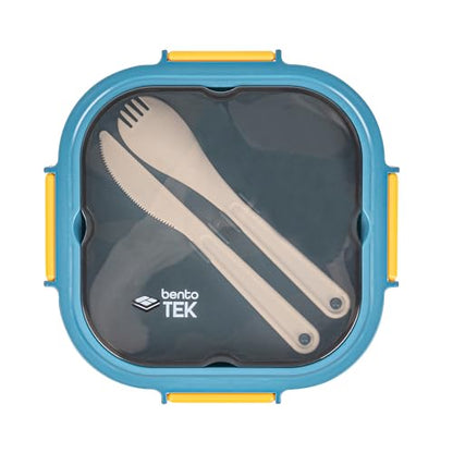 Restaurantware-Bento Tek 57.5 Ounce Bento Box, 1 Reusable Lunch Container - With Fork And Knife, Does Not Contain BPA, Blue And Yellow Plastic Reusable Lunch Box, Microwavable, Dishwashable - size: 1 Count, style: 58 oz - Blue