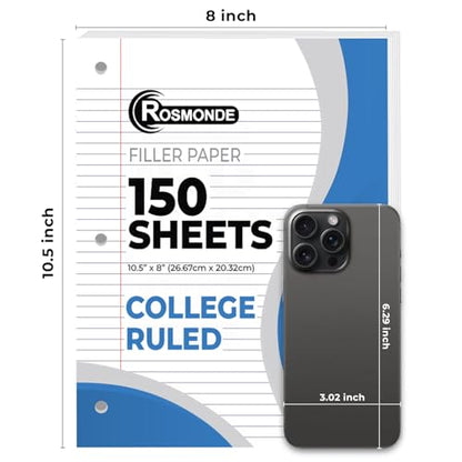 Rosmonde 6 Pack Loose Leaf Paper, 900 Sheets, College Ruled, 8" x 10.5", Bulk Office Filler Paper, 150 Sheets/Pack, 3 Hole Punched, College Ruled Paper for 3 Ring Binder, Notebook Paper, White - color: College Ruled, size: 6 Pack (900 Sheets)