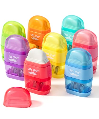 Mr. Pen- Pencil Sharpener & Eraser, 4 Pack | 2-in-1 Manual Sharpeners with Canister, 2 Sharpening Holes for Standard & Jumbo Pencils, Colorful Dual Hole Design for School - color: Bright Colors, size: 8 Pack