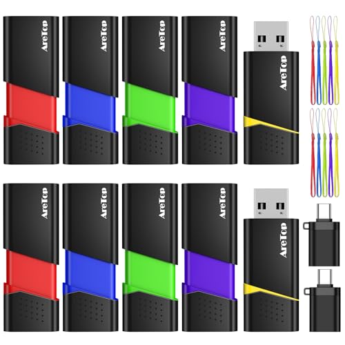 32GB Thumb Drive 10 Pack with Type C Adapter, AreTop Retractable USB Stick | USB 2.0 Thumb Drive for Date Storage, High Speed Multicolor USB Flash Drives with LED Indicator Lanyard, 32GB 10 Pack - color: 10 Pack, size: 32GB