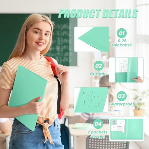 Gueevin 100 Pack Plastic Folder with Pockets, 2 Pocket Folders, Plastic Glossy Folders Fit Letter Size Paper, Heavy Duty Durable File Folder with Business Card for Home Office School (Light Green) - color: Light Green
