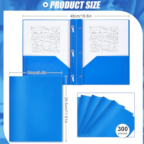 Yeaqee 300 Pack Plastic Folders with Prongs Heavy Duty Plastic 2 Pocket Folder with 3 Prongs, Business Card Slot for Back to School Office Home 11.6 x 9.5 Inch (Blue) - color: Blue