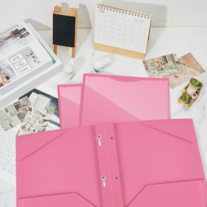Henoyso 48 Pcs Plastic Folder with Clear Front Pocket and 3 Prongs Heavy Duty Plastic Folders with Card Slot Pocket Folders with Prongs for School Office Home(Pink) - color: Pink