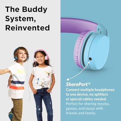 LilGadgets Connect+ Foldable Headphones, Adjustable Fit Soft Touch Padding for Kids with Mic, Volume-Limited & Noise Reduction On-Ear Wired Headset for School with SharePort - Blue/Purple, Ages 3-14 - color: Blue/Purple