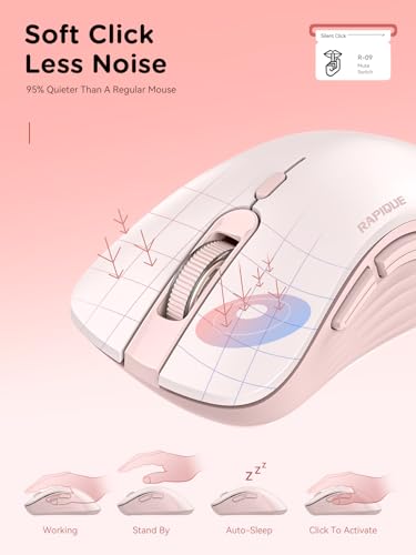 RAPIQUE Bluetooth Wireless Mouse - Dual Bluetooth & 2.4 GHz USB Receiver, Ergonomic Design, Quiet Clicks, Low Power - Multi-Device Compatibility for MacBook, Laptop, Computer, iPad Air/Pro (Pink) - color: Pink