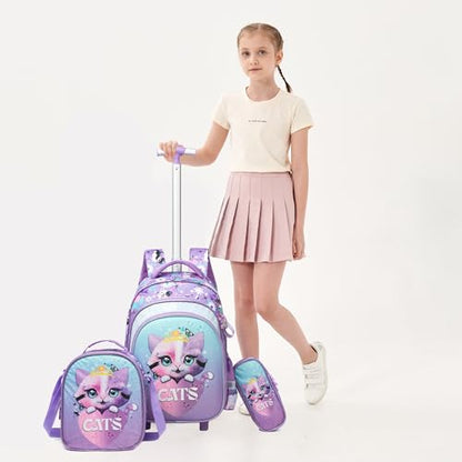 Meetbelify Cute Cat Girls Rolling Backpack with Wheels Kids Luggage for Elementary Students Trolley Trip Carry On Bag for Girls Ages 6-8 - color: 01 Cat