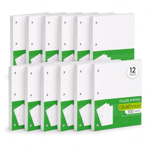Graph Paper, Filler Paper Loose leaf Graph Paper - 8” x 10.5" - Graph Ruled, 4x4 Quad Ruled Notebook Paper, 3 Hole Punched Loose leaf Papers for 3 Ring Binders - 100 Sheets per Pack (12 Pack)