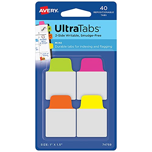 Avery Mini Ultra Tabs, 1" x 1.5", 2-Side Writable, Assorted Neon Colors, 40 Repositionable Tabs (74759)