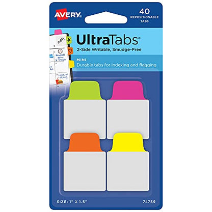 Avery Mini Ultra Tabs, 1" x 1.5", 2-Side Writable, Assorted Neon Colors, 40 Repositionable Tabs (74759)