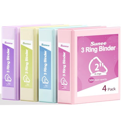SUNEE 3 Ring Binder 2 Inch, Clear View Binder Three Ring PVC-Free (Fit 8.5x11 Inches) for School or Office Supplies, Assorted Pastel, 4 Pack - size: 2 Inch