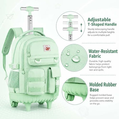 WZLVO Rolling Backpack for Women, 21 inch Roller Wheels Backpacks with Lunch Bag, Water Resistant Wheeled Bookbag for Teens Girls Travel Elementary - Green - color: Green