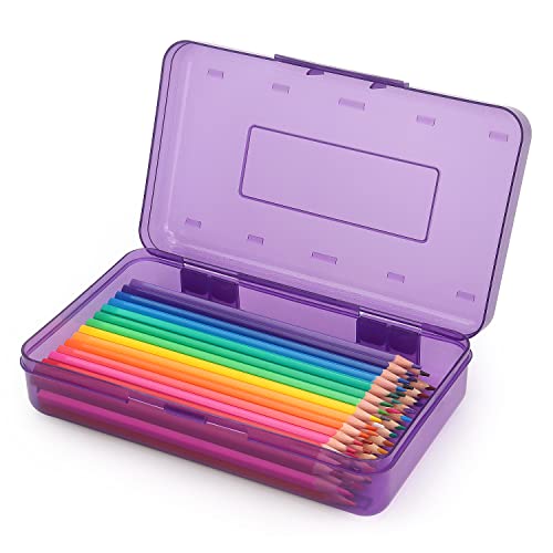 Tamaki 1 Pack Plastic Pencil Box Large Capacity, Purple | Clear Boxes with Snap-tight Lid Stackable Design and Stylish Office Supplies Storage Organizer - color: Purple