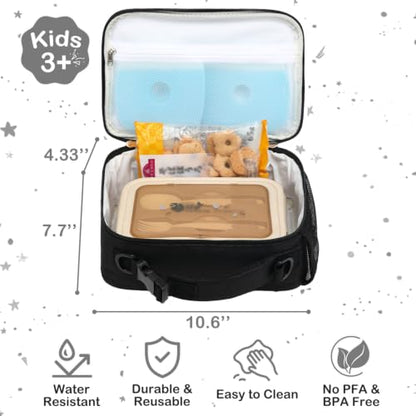 FlowFly Kids Lunch Bag, Durable Insulated School Lunch Box with Shoulder Strap and Bottle Holder, Water-resistant Thermal Small Lunch Cooler Tote for Teen Boys & Girls,Black - color: Black