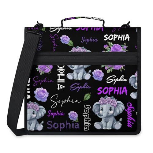 Custom Elephant 3 Ring Binder with Zipper, Personalized Name Large Capacity File Folder, Multiple Pockets & Storage Organizer - color: Black Purple