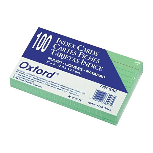 Oxford Ruled Color Index Cards, 3" x 5", Green, 100 Per Pack (7321 GRE)