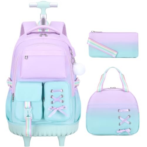 Scothen Rolling Backpack for Girls, Girls Backpack Set with Lunch Box & Pencil Pouch for Teen Girl Kids Children Elementary Middle School, Bookbag Daypack Laptop Travel Backpack with Wheels - color: Purple Blue
