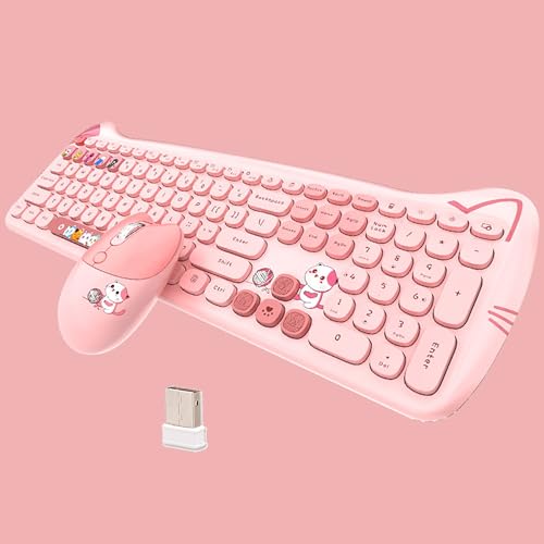 Cute Cat 2.4G USB Wireless Keyboard and Mouse Combo, Silent Keys, Candy Colors, Compatible with Notebook, PC (Pink-110Keys) - color: Pink-110Keys