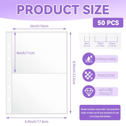 VOKOY 50 Pack Mini Sheet Protectors fit 4"x6"' Cards for 3 or 6 Ring Binder, 7 Holes 2 Pocket Heavy-Duty Recipe Card Sleeves Refill Pages Crystal Clear Index Card Protectors for 8.5x9.5 Inch Binder - size: 6.9x8.5 Inch-2 Pocket, style: 50 Pack