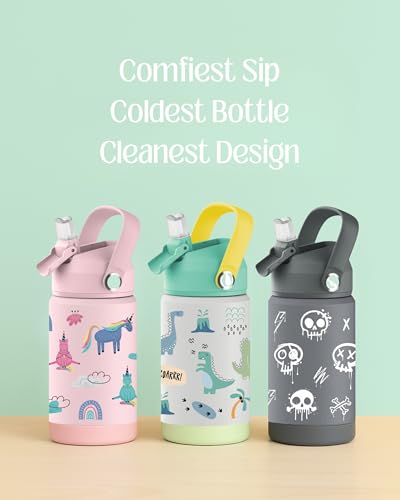 Hippypotamus Kids Water Bottle - Stainless Steel Vacuum Insulated -12 oz - Leak Proof Straw Lid & Soft Spout For Toddlers & Kids (Green Dinosaur) - color: Green Dinosaur