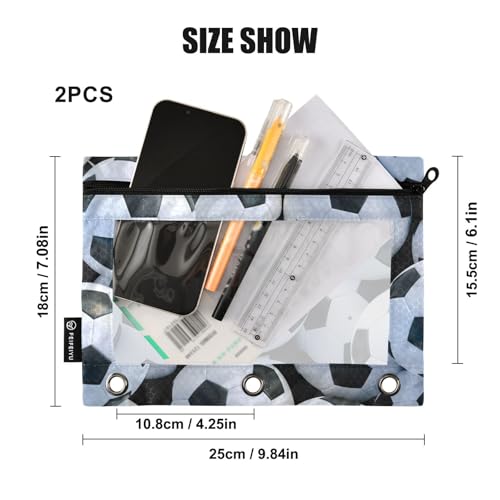 Soccer Pencil Pouch For 3 Ring Binder Clear Window Pencil Case For 3 Ring Reinforced Grommets With Zipper, 2 Pack - color: Soccer